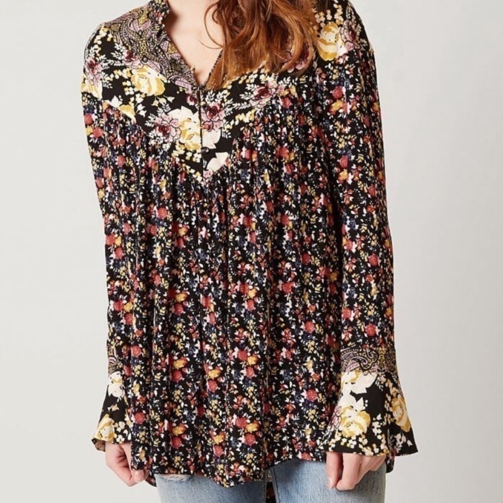 FREE People Wildflower Fields Tunic Top Dress Black Floral Bell Sleeve Buttons